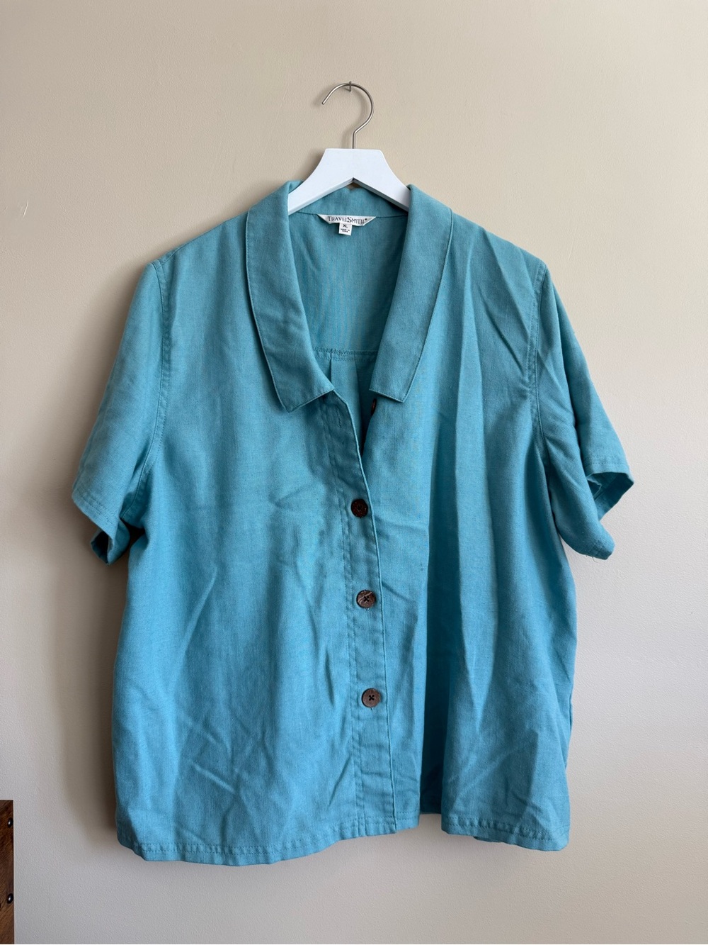 TravelSmith Turquoise Linen Blend Blouse Size XL